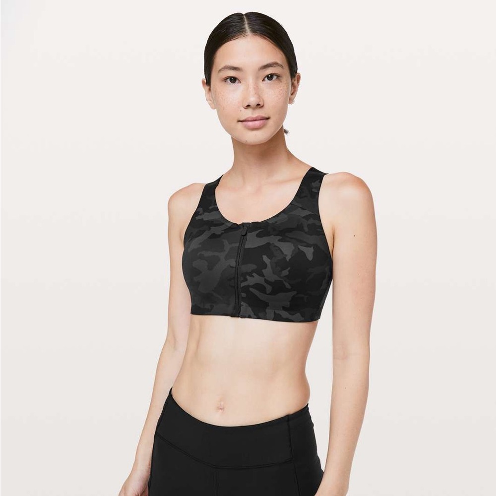 Lululemon Enlite Bra Zip Front Incognito Camo Multi Grey Cross Back 32E DD - Picture 2 of 7